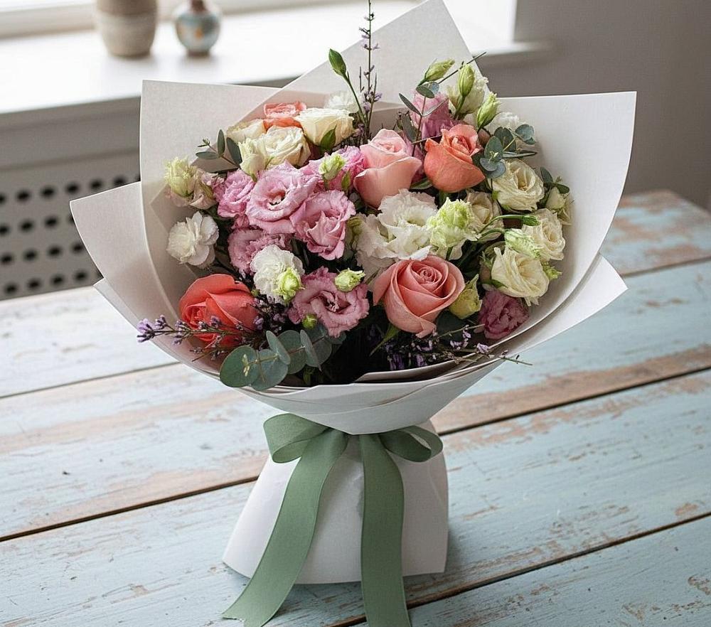 Букет цветов из: Розы, Лизиантусы и Гвоздики в Хреновом