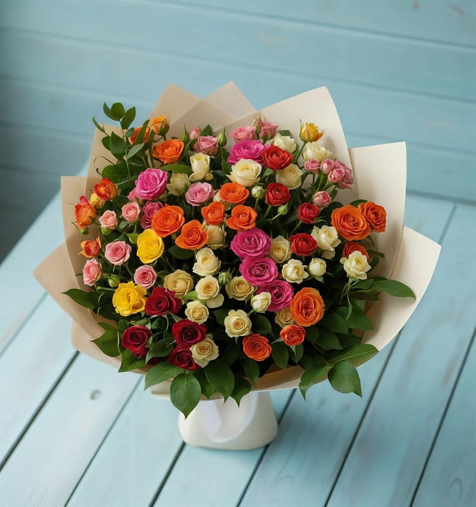 Букет Микс из разноцветных кустовых роз в Хреновом