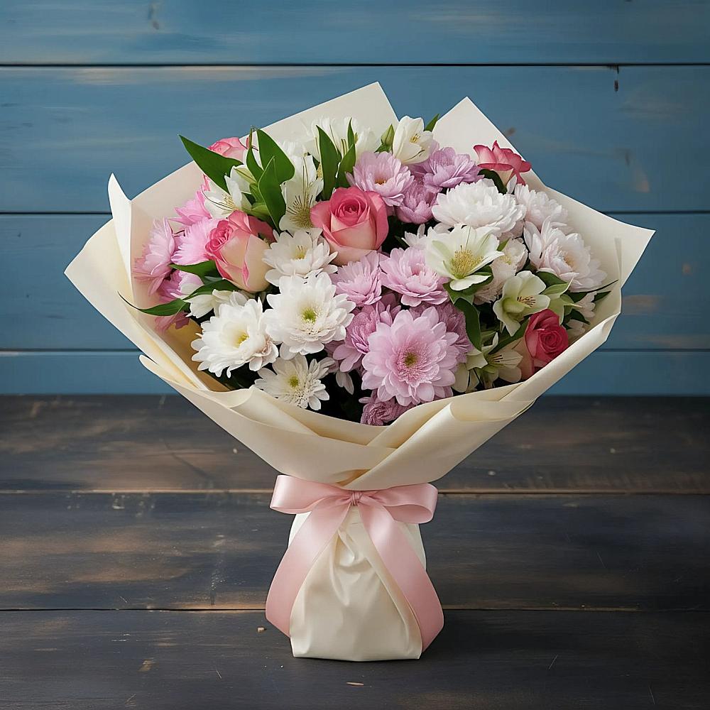 Букет цветов из: Хризантемы, Альстромерии и Розы в Хреновом